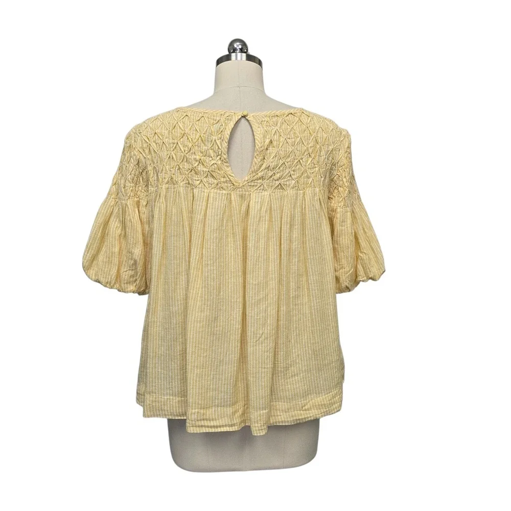 Anthropologie Yellow Pinstripe Smocked Lattice Puff‎ Sleeve Linen Blouse Small